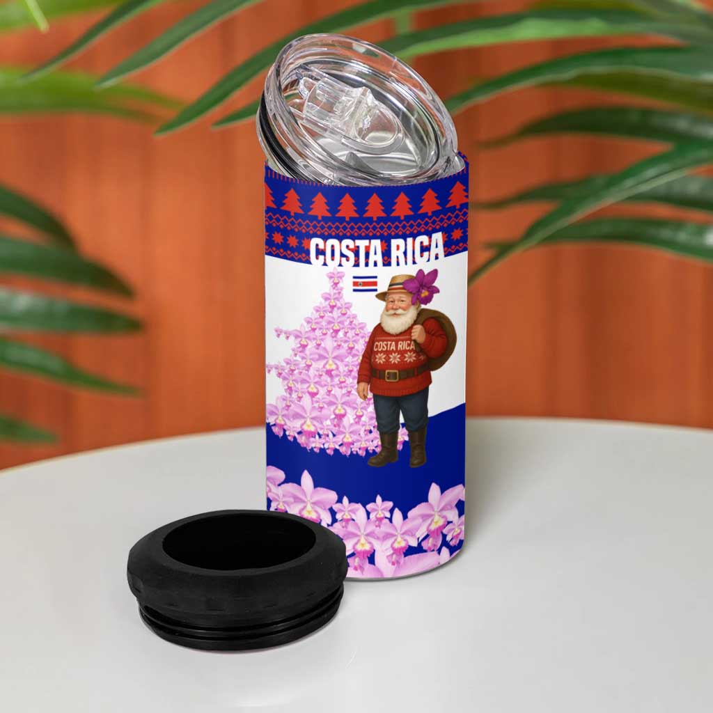 Costa Rica Christmas 4 in 1 Can Cooler Tumbler with Santa Claus Pink Orchid Tree National Emblem and Festive Pattern Design - Wonder Print Shop