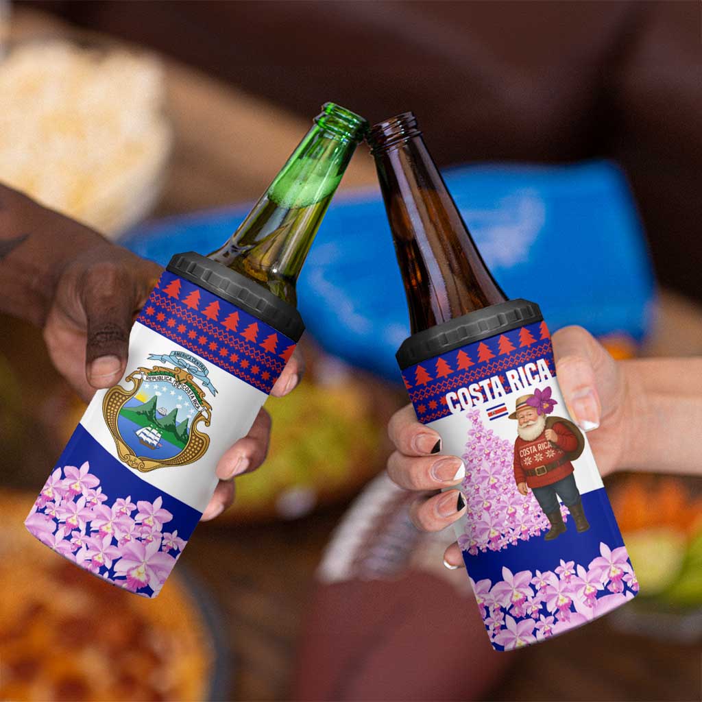 Costa Rica Christmas 4 in 1 Can Cooler Tumbler with Santa Claus Pink Orchid Tree National Emblem and Festive Pattern Design - Wonder Print Shop