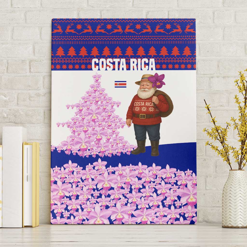 Costa Rica Christmas Canvas Wall Art with Santa Claus Pink Orchid Tree National Emblem and Festive Pattern Design - Wonder Print Shop