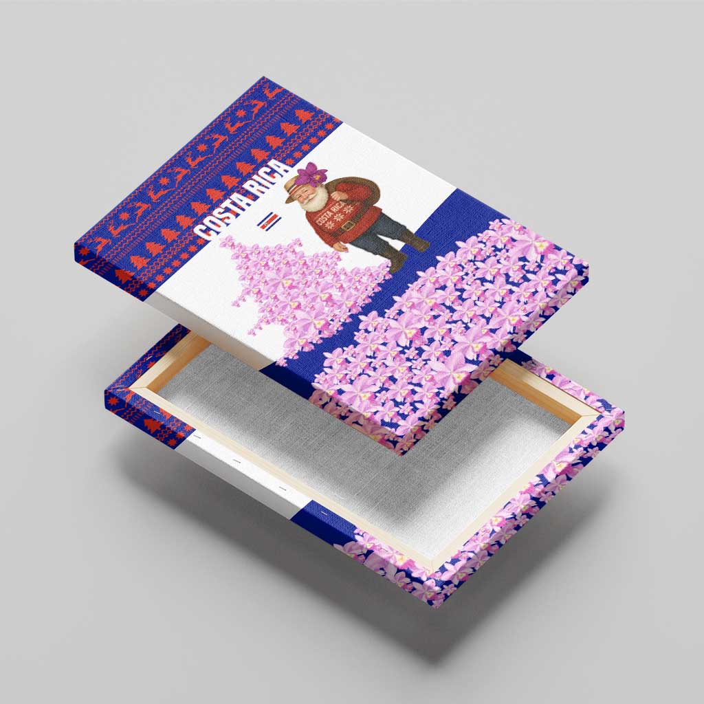 Costa Rica Christmas Canvas Wall Art with Santa Claus Pink Orchid Tree National Emblem and Festive Pattern Design - Wonder Print Shop