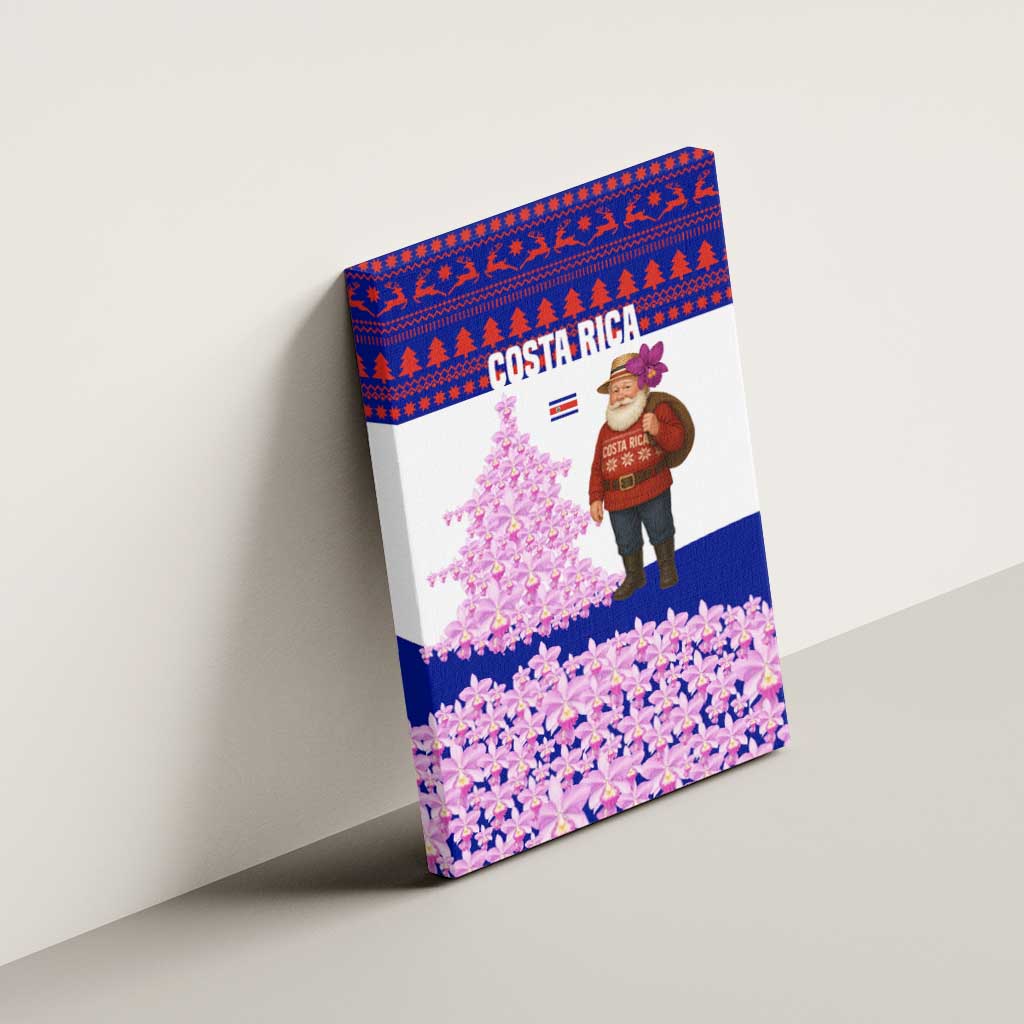 Costa Rica Christmas Canvas Wall Art with Santa Claus Pink Orchid Tree National Emblem and Festive Pattern Design - Wonder Print Shop