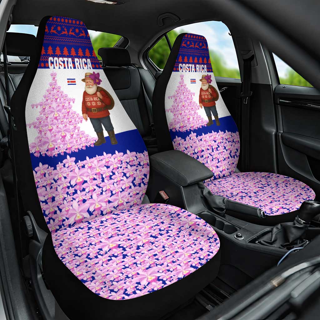 Costa Rica Christmas Car Seat Cover with Santa Claus Pink Orchid Tree National Emblem and Festive Pattern Design - Wonder Print Shop