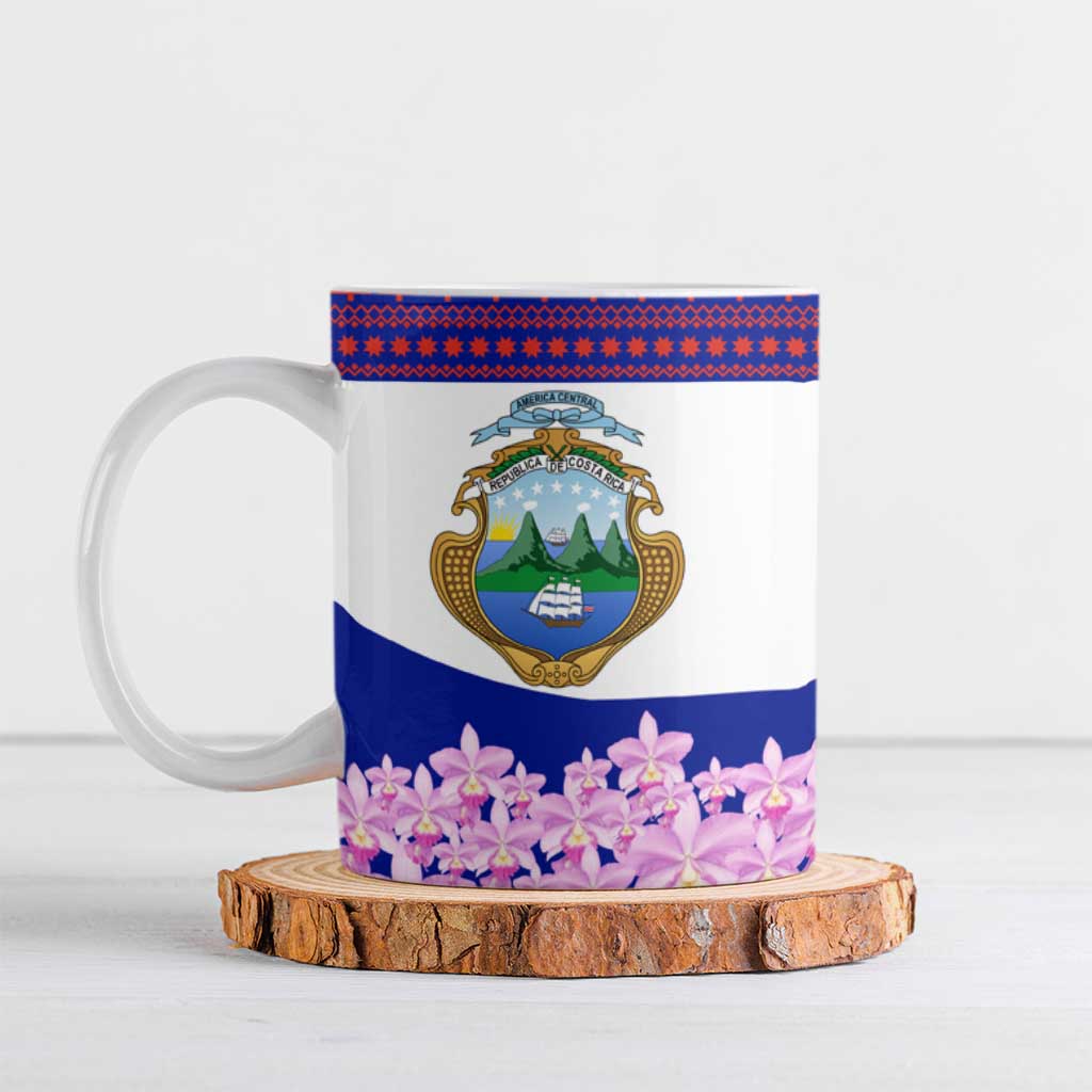 Costa Rica Christmas Ceramic Mug with Santa Claus Pink Orchid Tree National Emblem and Festive Pattern Design - Wonder Print Shop