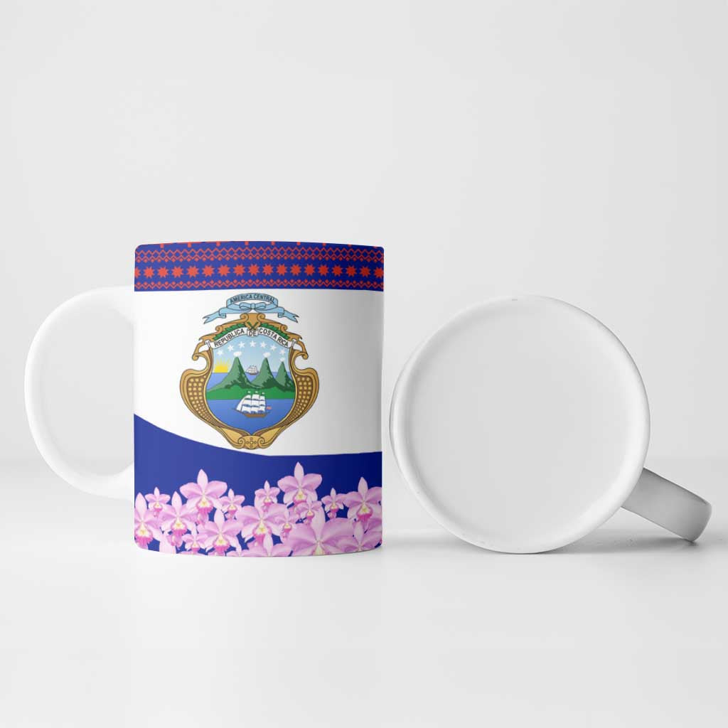 Costa Rica Christmas Ceramic Mug with Santa Claus Pink Orchid Tree National Emblem and Festive Pattern Design - Wonder Print Shop