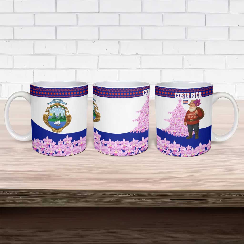 Costa Rica Christmas Ceramic Mug with Santa Claus Pink Orchid Tree National Emblem and Festive Pattern Design - Wonder Print Shop