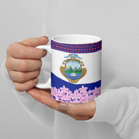 Costa Rica Christmas Ceramic Mug with Santa Claus Pink Orchid Tree National Emblem and Festive Pattern Design - Wonder Print Shop
