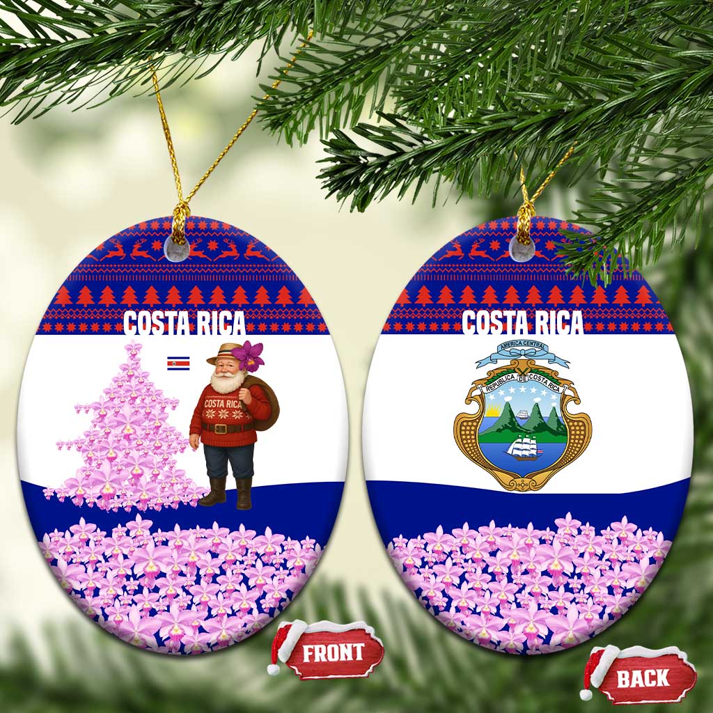 Costa Rica Christmas Ceramic Ornament with Santa Claus Pink Orchid Tree National Emblem and Festive Pattern Design - Wonder Print Shop