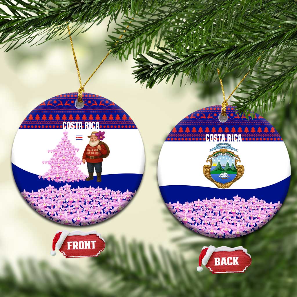 Costa Rica Christmas Ceramic Ornament with Santa Claus Pink Orchid Tree National Emblem and Festive Pattern Design - Wonder Print Shop