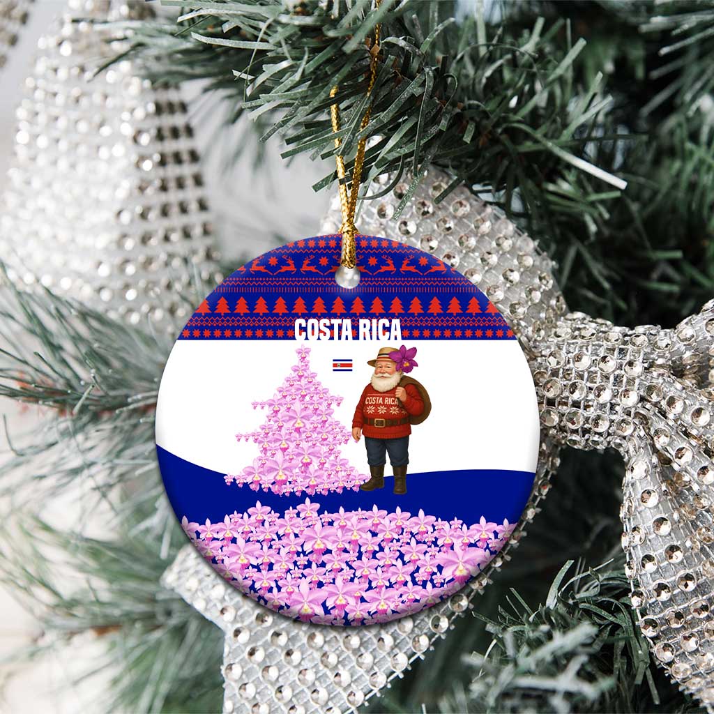 Costa Rica Christmas Ceramic Ornament with Santa Claus Pink Orchid Tree National Emblem and Festive Pattern Design - Wonder Print Shop