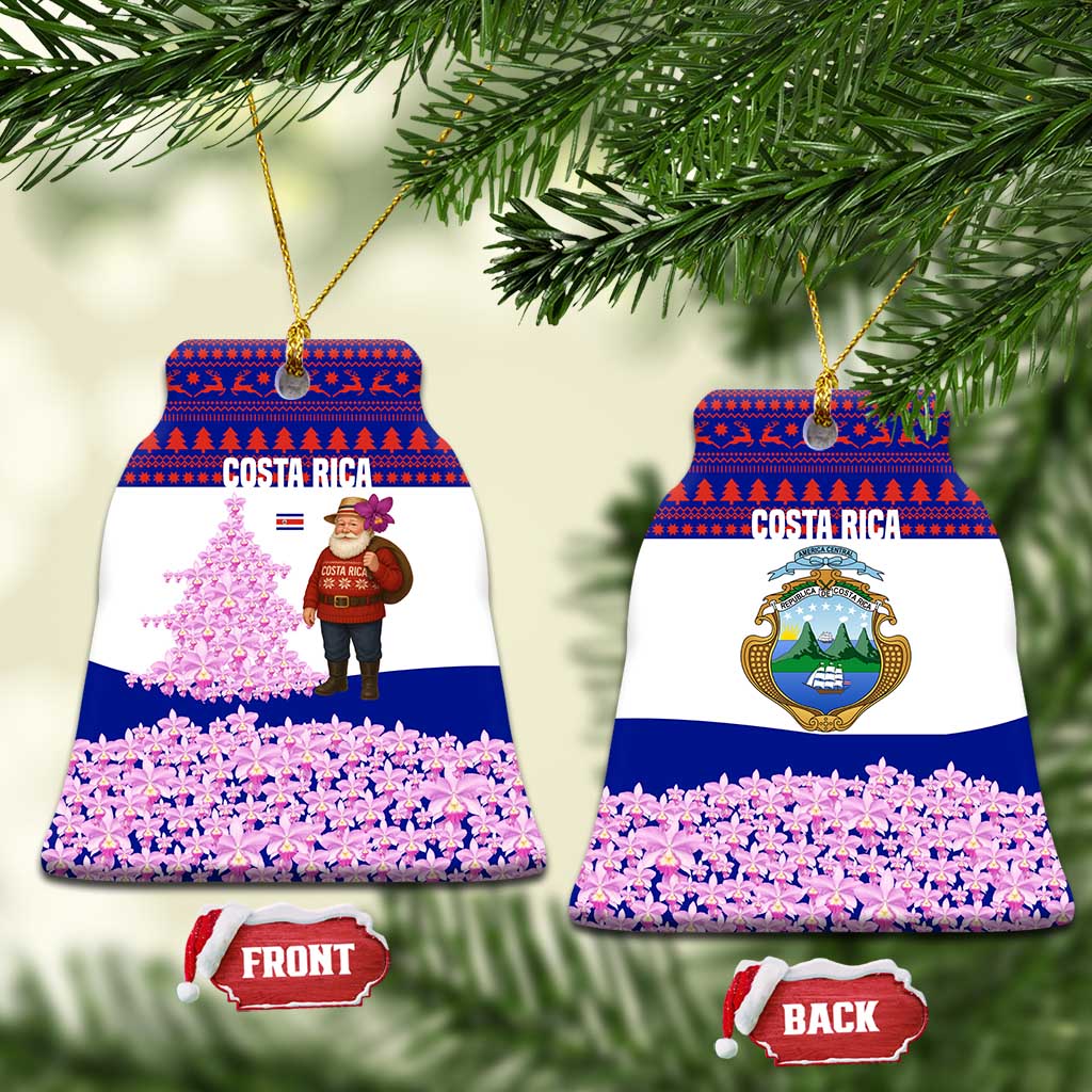 Costa Rica Christmas Ceramic Ornament with Santa Claus Pink Orchid Tree National Emblem and Festive Pattern Design - Wonder Print Shop