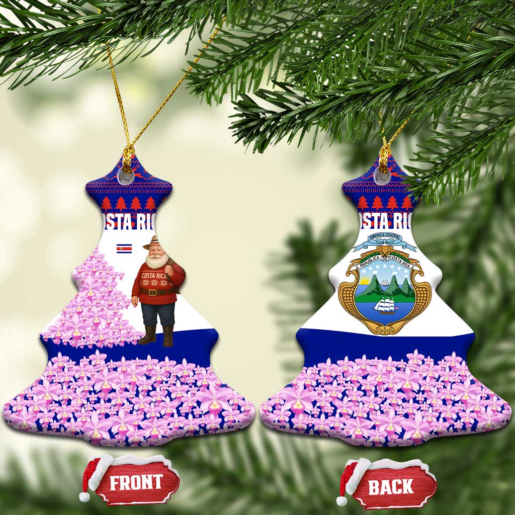 Costa Rica Christmas Ceramic Ornament with Santa Claus Pink Orchid Tree National Emblem and Festive Pattern Design - Wonder Print Shop