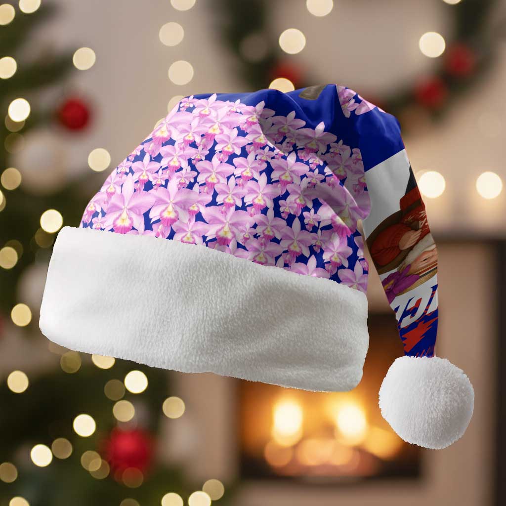 Costa Rica Christmas Santa Hat with Santa Claus Pink Orchid Tree National Emblem and Festive Pattern Design - Wonder Print Shop