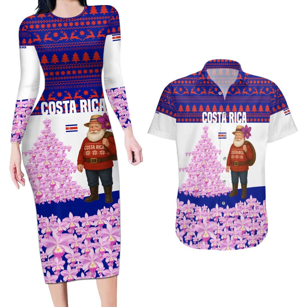 Costa Rica Christmas Couples Matching Long Sleeve Bodycon Dress and Hawaiian Shirt with Santa Claus Pink Orchid Tree National Emblem and Festive Pattern Design - Wonder Print Shop