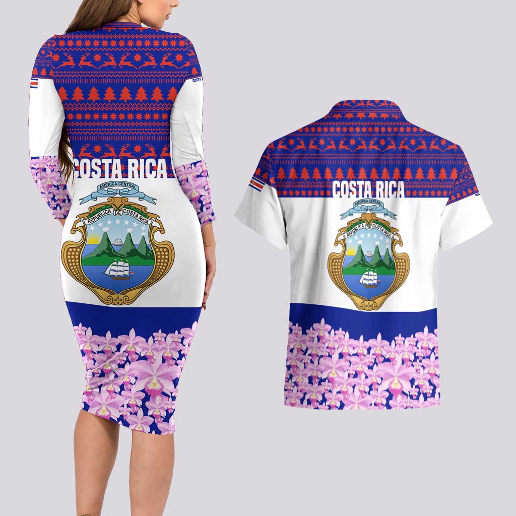Costa Rica Christmas Couples Matching Long Sleeve Bodycon Dress and Hawaiian Shirt with Santa Claus Pink Orchid Tree National Emblem and Festive Pattern Design - Wonder Print Shop
