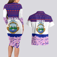 Costa Rica Christmas Couples Matching Long Sleeve Bodycon Dress and Hawaiian Shirt with Santa Claus Pink Orchid Tree National Emblem and Festive Pattern Design - Wonder Print Shop