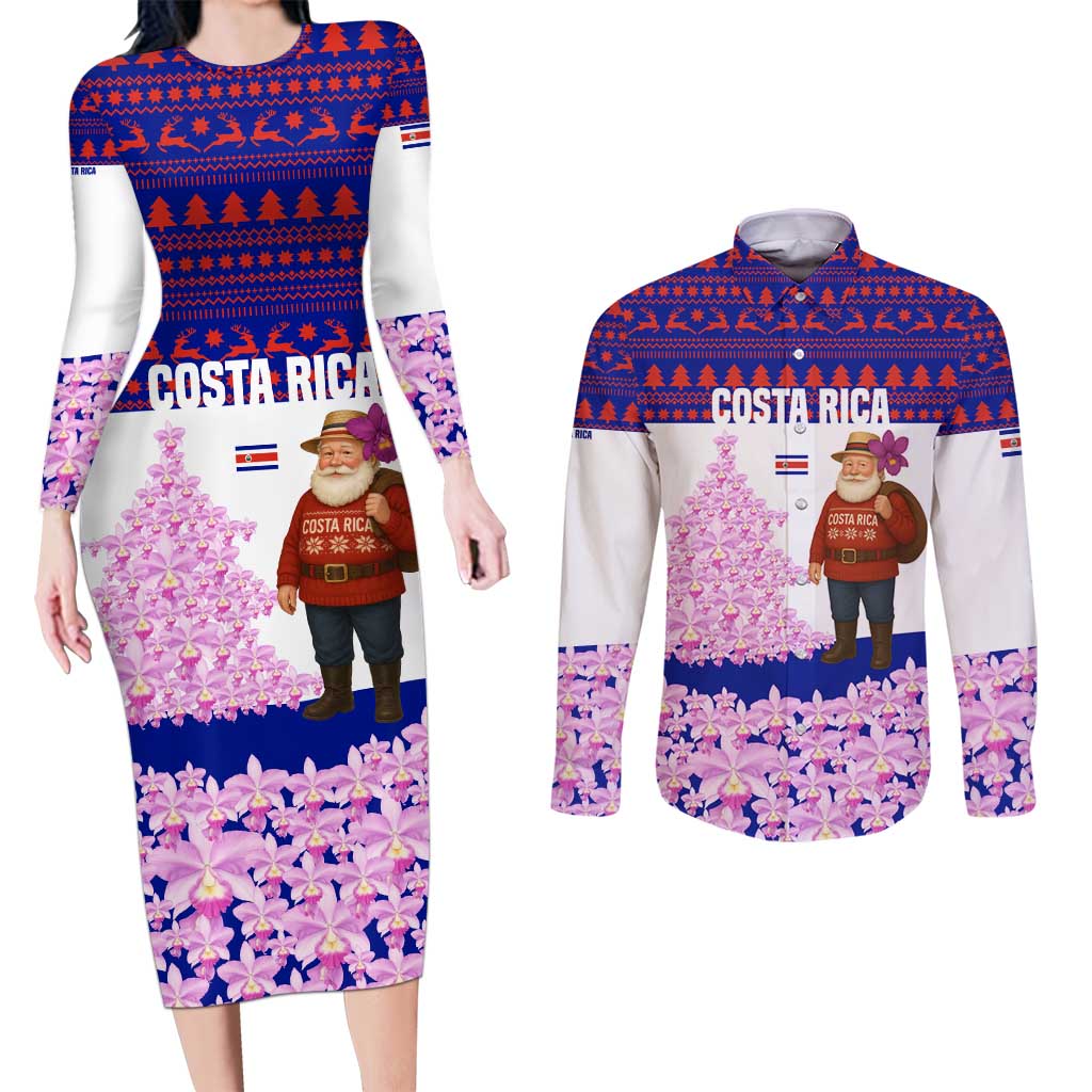 Costa Rica Christmas Couples Matching Long Sleeve Bodycon Dress and Long Sleeve Button Shirt with Santa Claus Pink Orchid Tree National Emblem and Festive Pattern Design - Wonder Print Shop