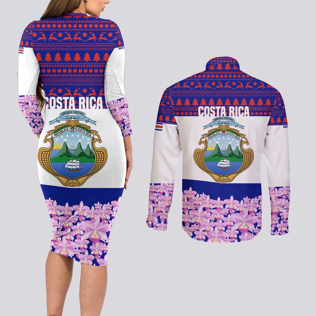 Costa Rica Christmas Couples Matching Long Sleeve Bodycon Dress and Long Sleeve Button Shirt with Santa Claus Pink Orchid Tree National Emblem and Festive Pattern Design - Wonder Print Shop