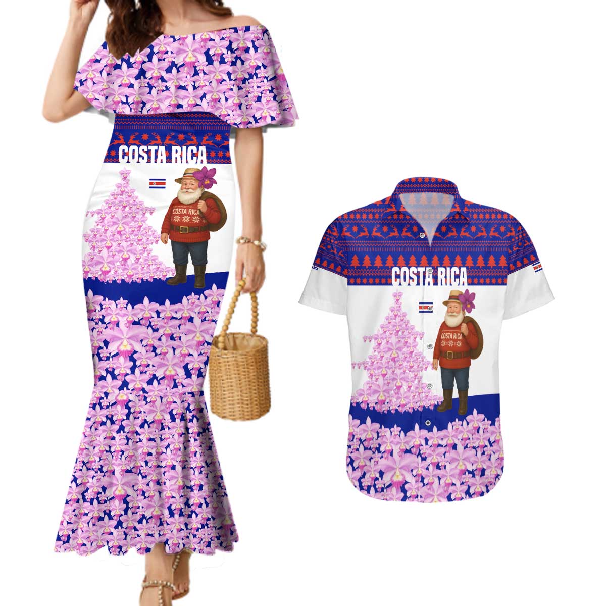 Costa Rica Christmas Couples Matching Mermaid Dress and Hawaiian Shirt with Santa Claus Pink Orchid Tree National Emblem and Festive Pattern Design - Wonder Print Shop