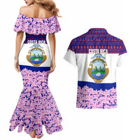 Costa Rica Christmas Couples Matching Mermaid Dress and Hawaiian Shirt with Santa Claus Pink Orchid Tree National Emblem and Festive Pattern Design - Wonder Print Shop