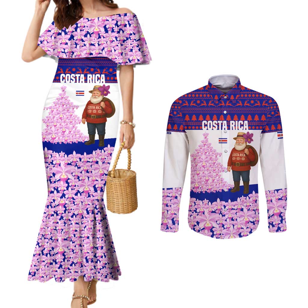Costa Rica Christmas Couples Matching Mermaid Dress and Long Sleeve Button Shirt with Santa Claus Pink Orchid Tree National Emblem and Festive Pattern Design - Wonder Print Shop