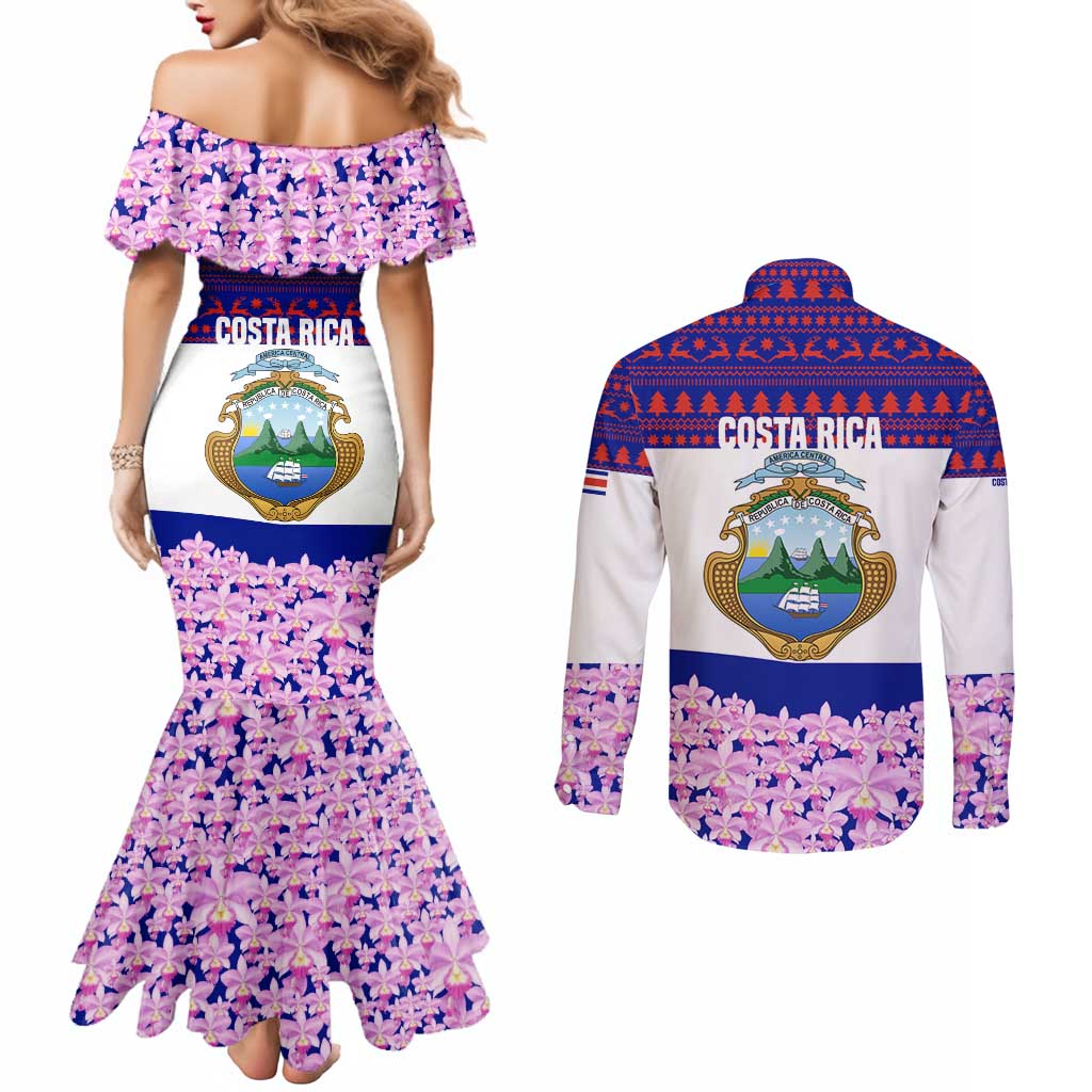 Costa Rica Christmas Couples Matching Mermaid Dress and Long Sleeve Button Shirt with Santa Claus Pink Orchid Tree National Emblem and Festive Pattern Design - Wonder Print Shop