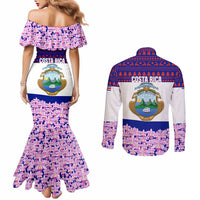 Costa Rica Christmas Couples Matching Mermaid Dress and Long Sleeve Button Shirt with Santa Claus Pink Orchid Tree National Emblem and Festive Pattern Design - Wonder Print Shop