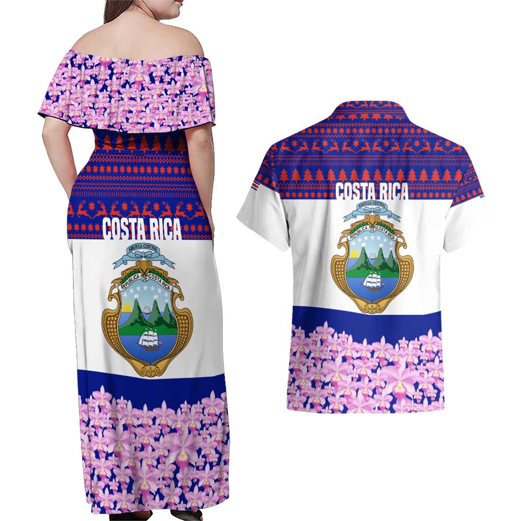 Costa Rica Christmas Couples Matching Off Shoulder Maxi Dress and Hawaiian Shirt with Santa Claus Pink Orchid Tree National Emblem and Festive Pattern Design - Wonder Print Shop