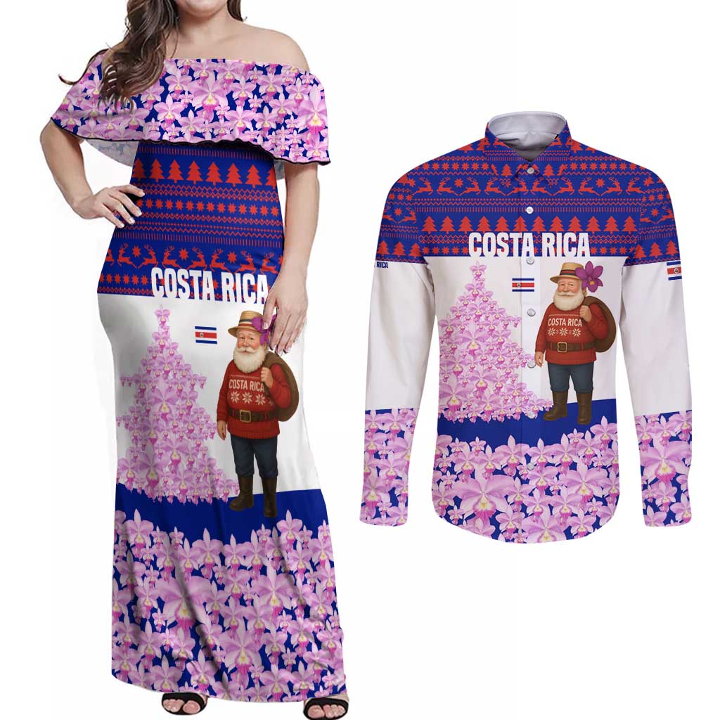 Costa Rica Christmas Couples Matching Off Shoulder Maxi Dress and Long Sleeve Button Shirt with Santa Claus Pink Orchid Tree National Emblem and Festive Pattern Design - Wonder Print Shop