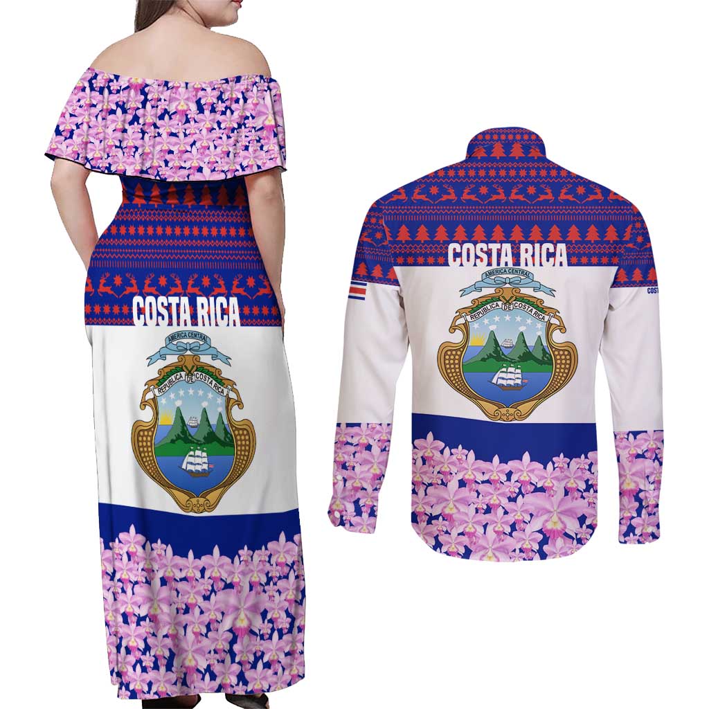 Costa Rica Christmas Couples Matching Off Shoulder Maxi Dress and Long Sleeve Button Shirt with Santa Claus Pink Orchid Tree National Emblem and Festive Pattern Design - Wonder Print Shop