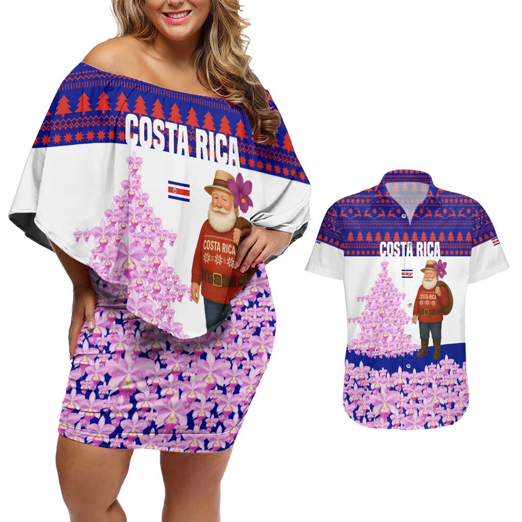 Costa Rica Christmas Couples Matching Off Shoulder Short Dress and Hawaiian Shirt with Santa Claus Pink Orchid Tree National Emblem and Festive Pattern Design - Wonder Print Shop