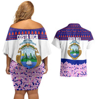 Costa Rica Christmas Couples Matching Off Shoulder Short Dress and Hawaiian Shirt with Santa Claus Pink Orchid Tree National Emblem and Festive Pattern Design - Wonder Print Shop