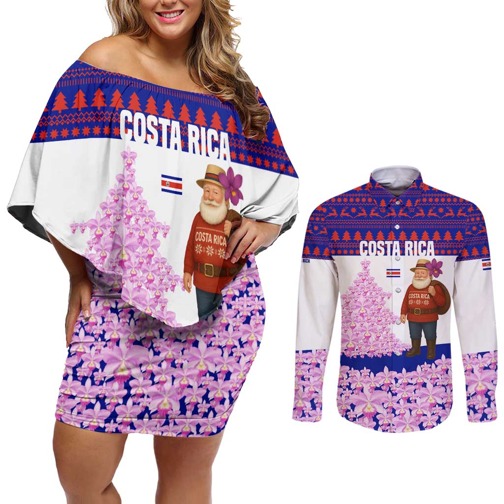 Costa Rica Christmas Couples Matching Off Shoulder Short Dress and Long Sleeve Button Shirt with Santa Claus Pink Orchid Tree National Emblem and Festive Pattern Design - Wonder Print Shop