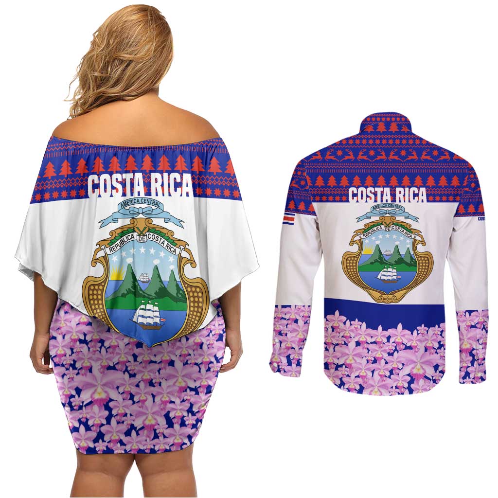 Costa Rica Christmas Couples Matching Off Shoulder Short Dress and Long Sleeve Button Shirt with Santa Claus Pink Orchid Tree National Emblem and Festive Pattern Design - Wonder Print Shop