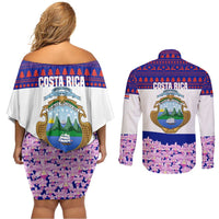 Costa Rica Christmas Couples Matching Off Shoulder Short Dress and Long Sleeve Button Shirt with Santa Claus Pink Orchid Tree National Emblem and Festive Pattern Design - Wonder Print Shop