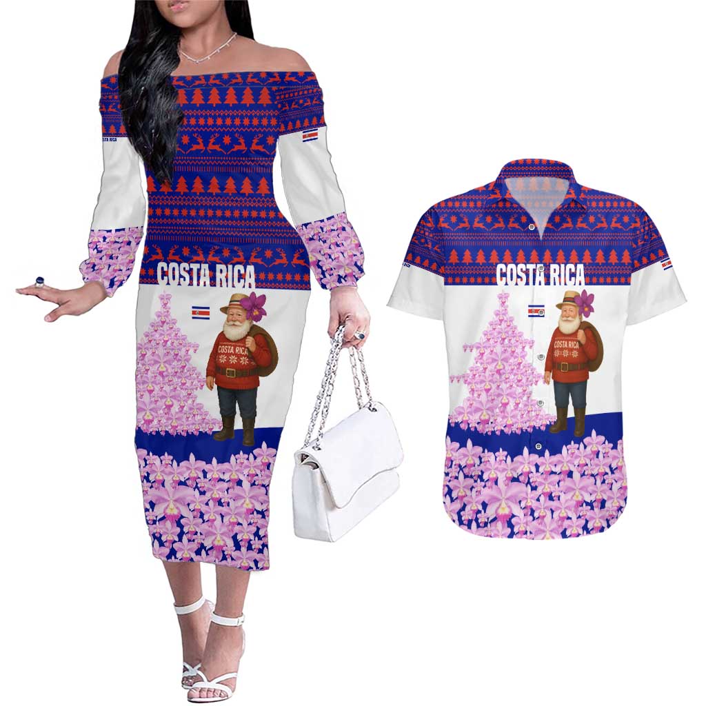 Costa Rica Christmas Couples Matching Off The Shoulder Long Sleeve Dress and Hawaiian Shirt with Santa Claus Pink Orchid Tree National Emblem and Festive Pattern Design - Wonder Print Shop