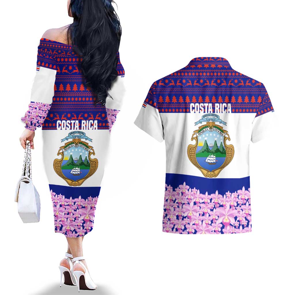 Costa Rica Christmas Couples Matching Off The Shoulder Long Sleeve Dress and Hawaiian Shirt with Santa Claus Pink Orchid Tree National Emblem and Festive Pattern Design - Wonder Print Shop