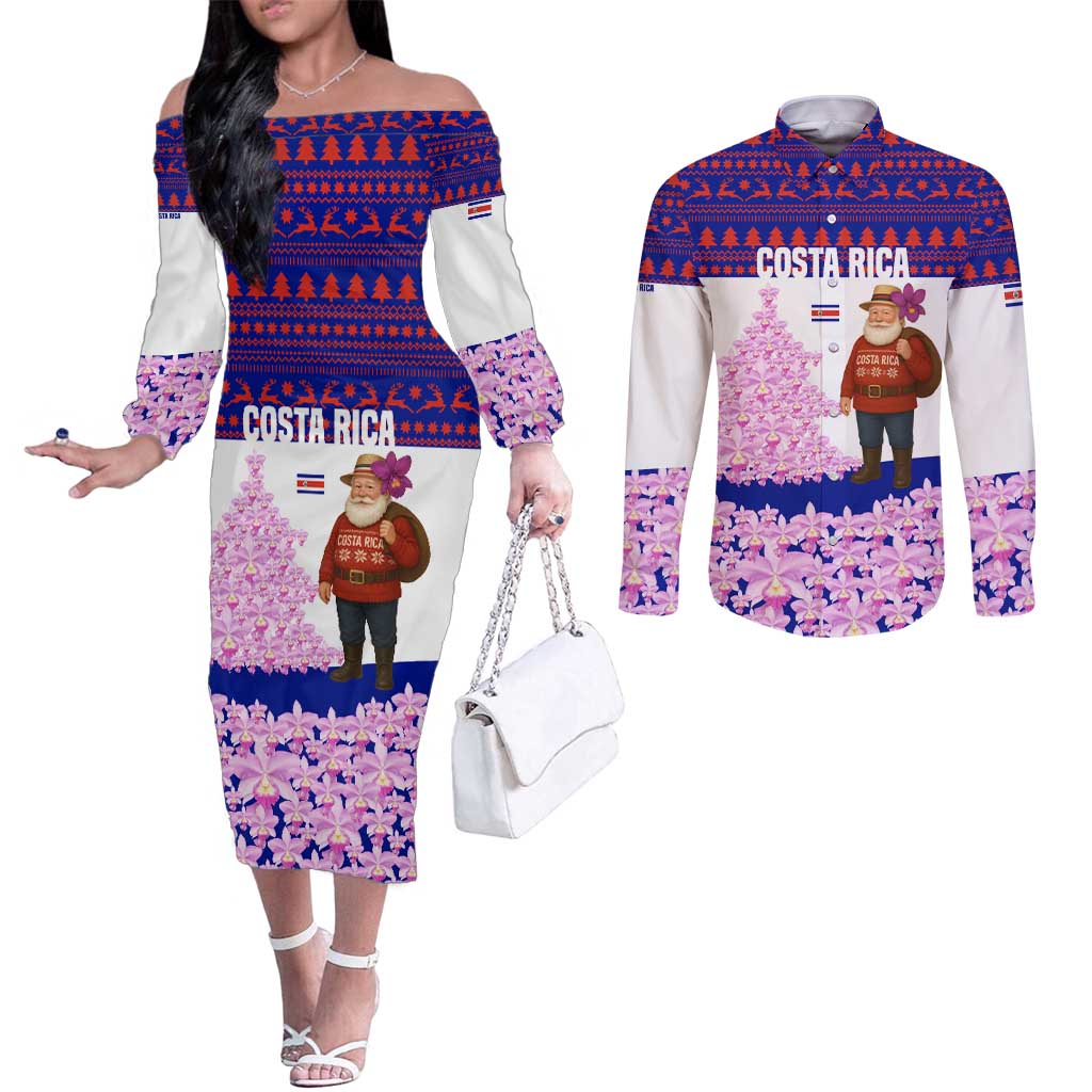 Costa Rica Christmas Couples Matching Off The Shoulder Long Sleeve Dress and Long Sleeve Button Shirt with Santa Claus Pink Orchid Tree National Emblem and Festive Pattern Design - Wonder Print Shop