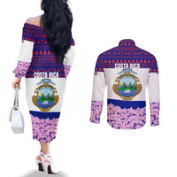 Costa Rica Christmas Couples Matching Off The Shoulder Long Sleeve Dress and Long Sleeve Button Shirt with Santa Claus Pink Orchid Tree National Emblem and Festive Pattern Design - Wonder Print Shop