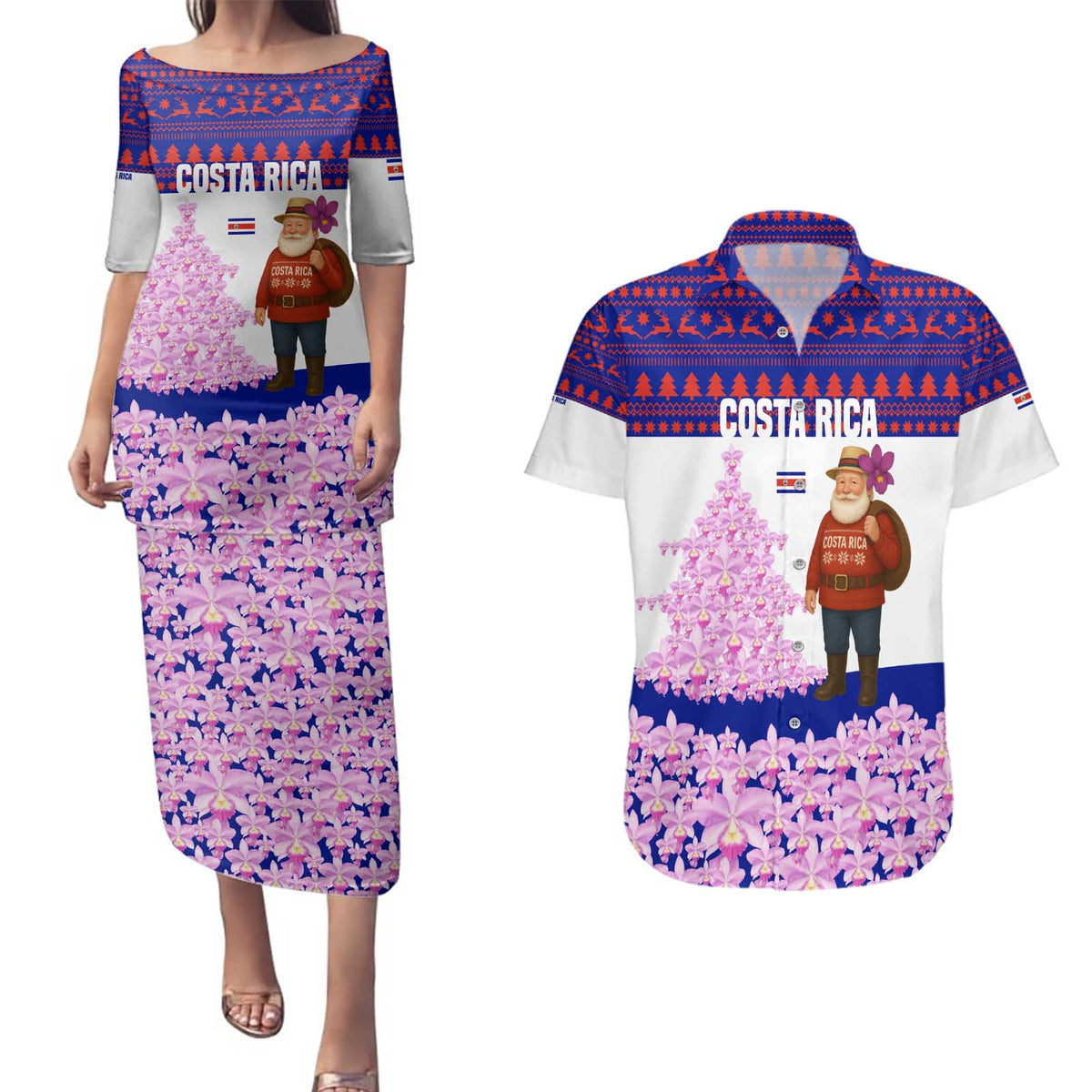Costa Rica Christmas Couples Matching Puletasi and Hawaiian Shirt with Santa Claus Pink Orchid Tree National Emblem and Festive Pattern Design - Wonder Print Shop