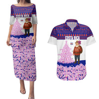 Costa Rica Christmas Couples Matching Puletasi and Hawaiian Shirt with Santa Claus Pink Orchid Tree National Emblem and Festive Pattern Design - Wonder Print Shop