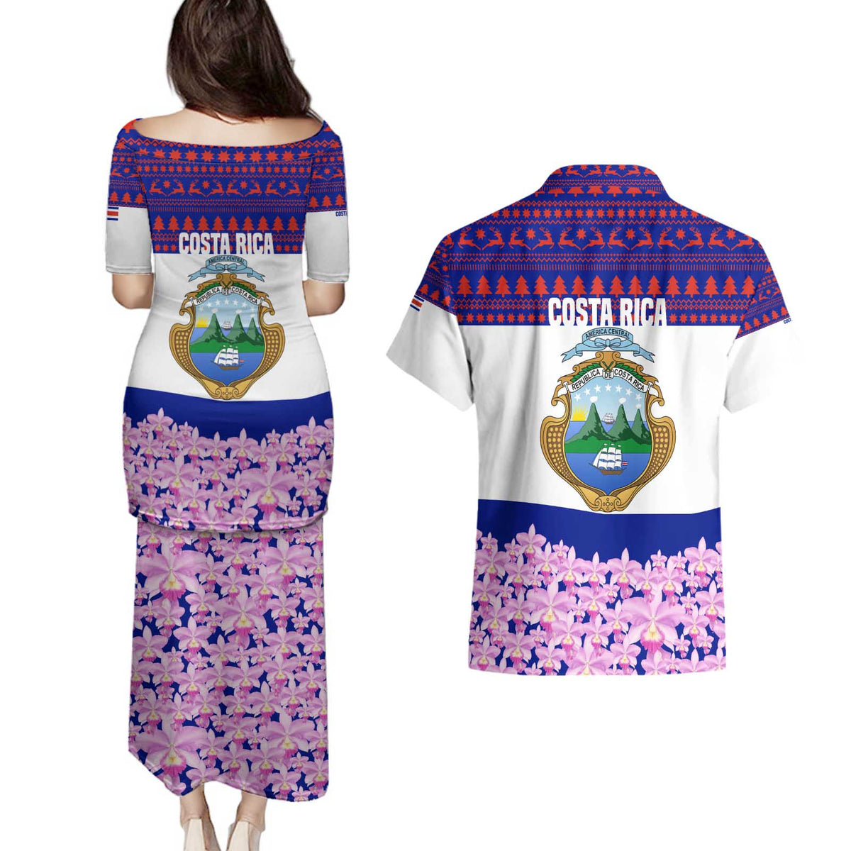 Costa Rica Christmas Couples Matching Puletasi and Hawaiian Shirt with Santa Claus Pink Orchid Tree National Emblem and Festive Pattern Design - Wonder Print Shop