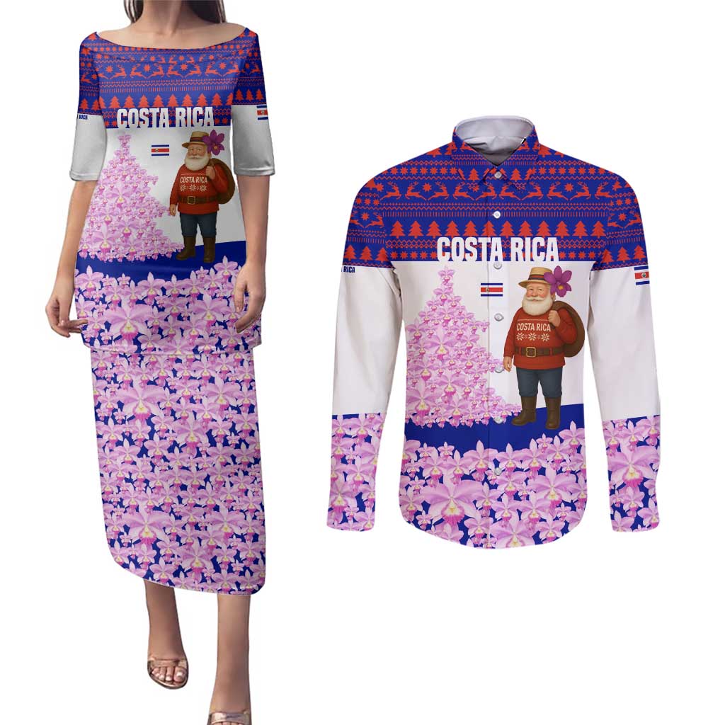 Costa Rica Christmas Couples Matching Puletasi and Long Sleeve Button Shirt with Santa Claus Pink Orchid Tree National Emblem and Festive Pattern Design - Wonder Print Shop