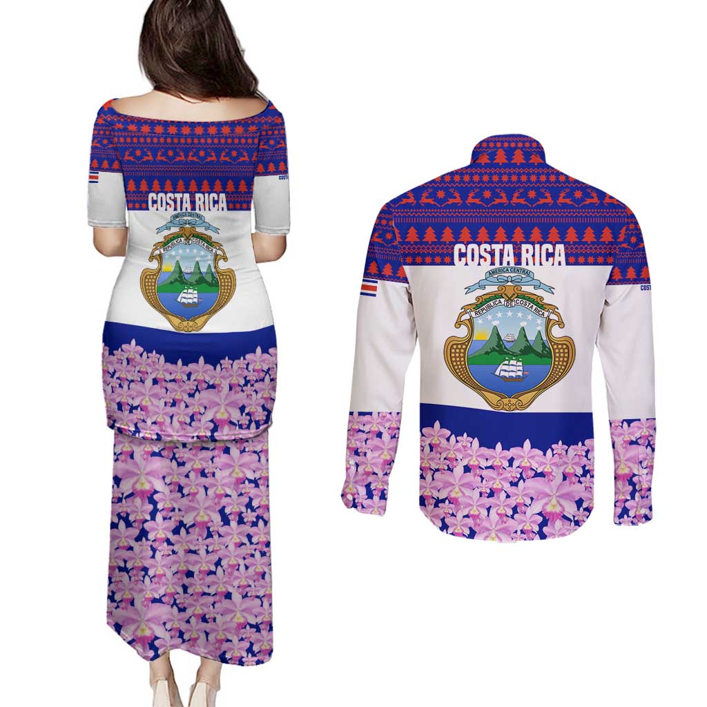 Costa Rica Christmas Couples Matching Puletasi and Long Sleeve Button Shirt with Santa Claus Pink Orchid Tree National Emblem and Festive Pattern Design - Wonder Print Shop