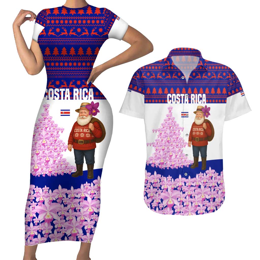 Costa Rica Christmas Couples Matching Short Sleeve Bodycon Dress and Hawaiian Shirt with Santa Claus Pink Orchid Tree National Emblem and Festive Pattern Design - Wonder Print Shop
