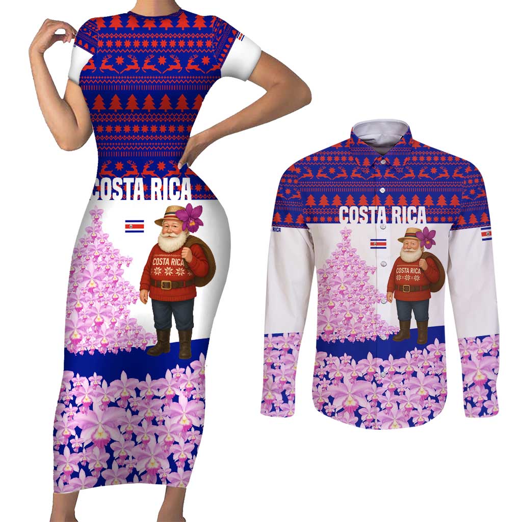 Costa Rica Christmas Couples Matching Short Sleeve Bodycon Dress and Long Sleeve Button Shirt with Santa Claus Pink Orchid Tree National Emblem and Festive Pattern Design - Wonder Print Shop