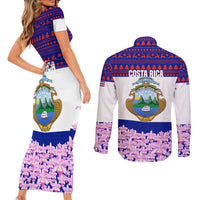 Costa Rica Christmas Couples Matching Short Sleeve Bodycon Dress and Long Sleeve Button Shirt with Santa Claus Pink Orchid Tree National Emblem and Festive Pattern Design - Wonder Print Shop