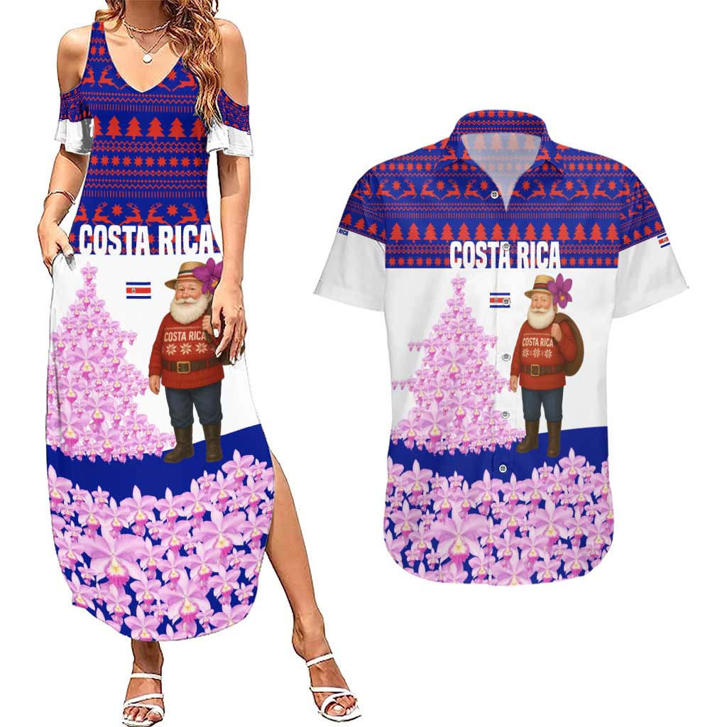 Costa Rica Christmas Couples Matching Summer Maxi Dress and Hawaiian Shirt with Santa Claus Pink Orchid Tree National Emblem and Festive Pattern Design - Wonder Print Shop