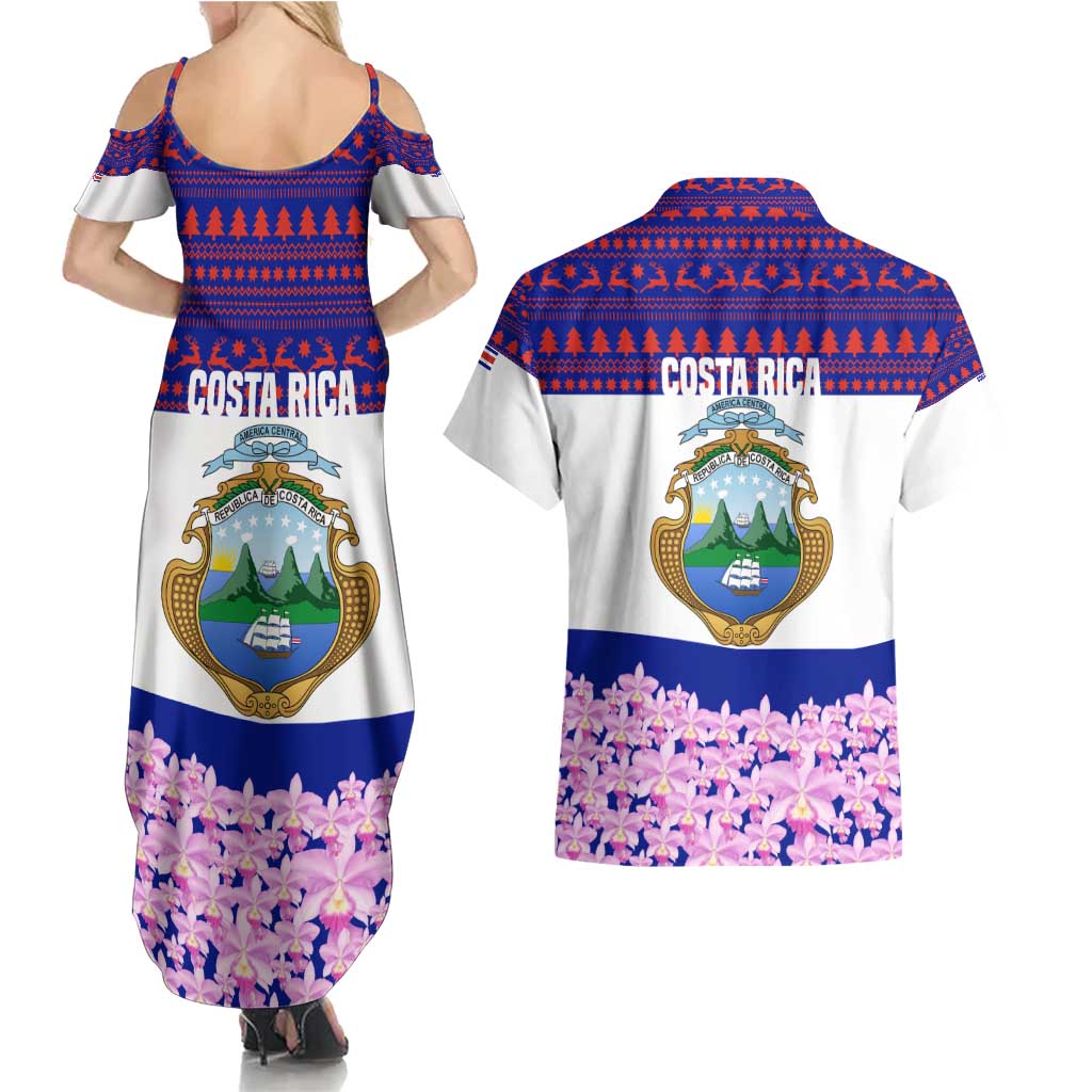Costa Rica Christmas Couples Matching Summer Maxi Dress and Hawaiian Shirt with Santa Claus Pink Orchid Tree National Emblem and Festive Pattern Design - Wonder Print Shop