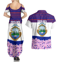 Costa Rica Christmas Couples Matching Summer Maxi Dress and Hawaiian Shirt with Santa Claus Pink Orchid Tree National Emblem and Festive Pattern Design - Wonder Print Shop