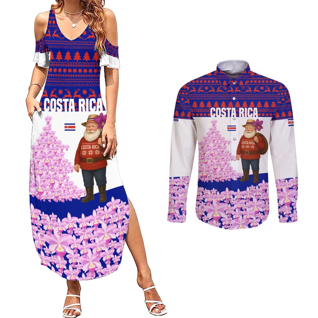 Costa Rica Christmas Couples Matching Summer Maxi Dress and Long Sleeve Button Shirt with Santa Claus Pink Orchid Tree National Emblem and Festive Pattern Design - Wonder Print Shop